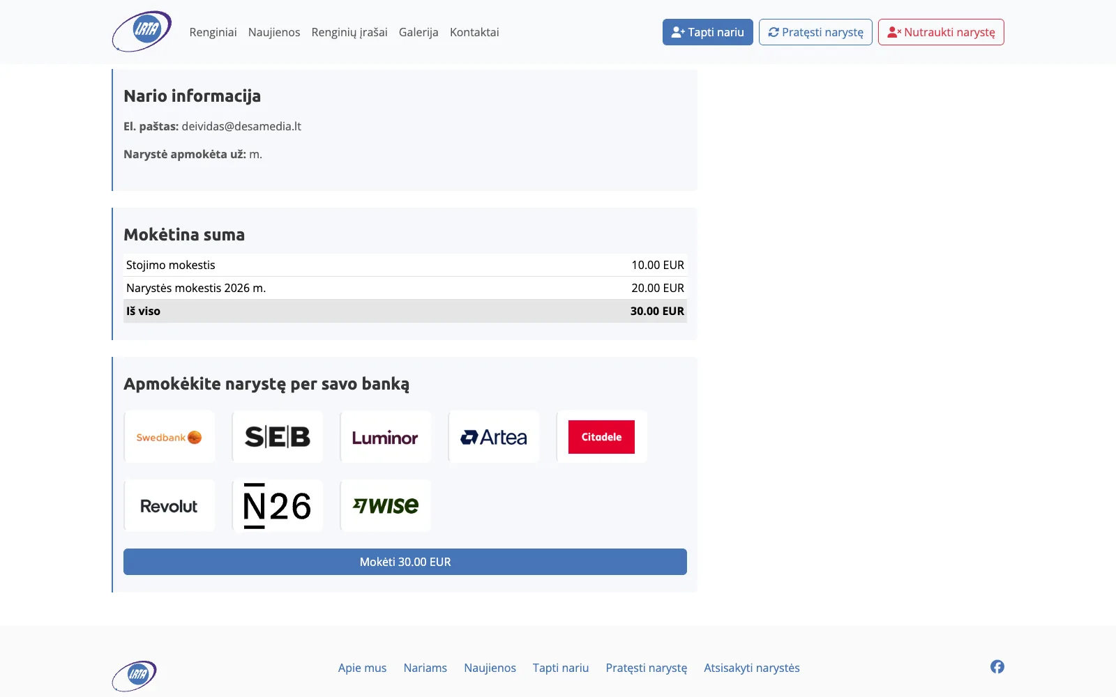 Payment step: member details, the amount due for the year and payment through the chosen bank.