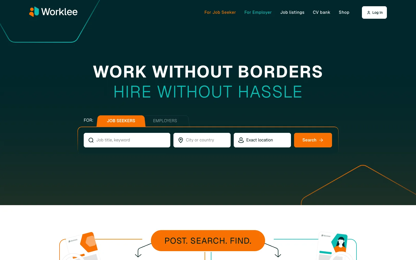 Home page: search by position, city or country and distance, with separate entry points for job seekers and employers.