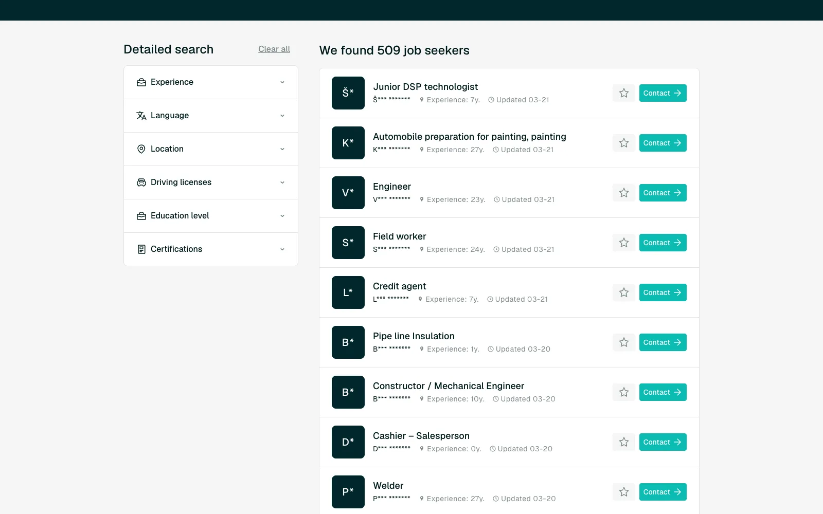 CV database: candidates with hidden names, filterable by experience, languages, driving categories and certificates.