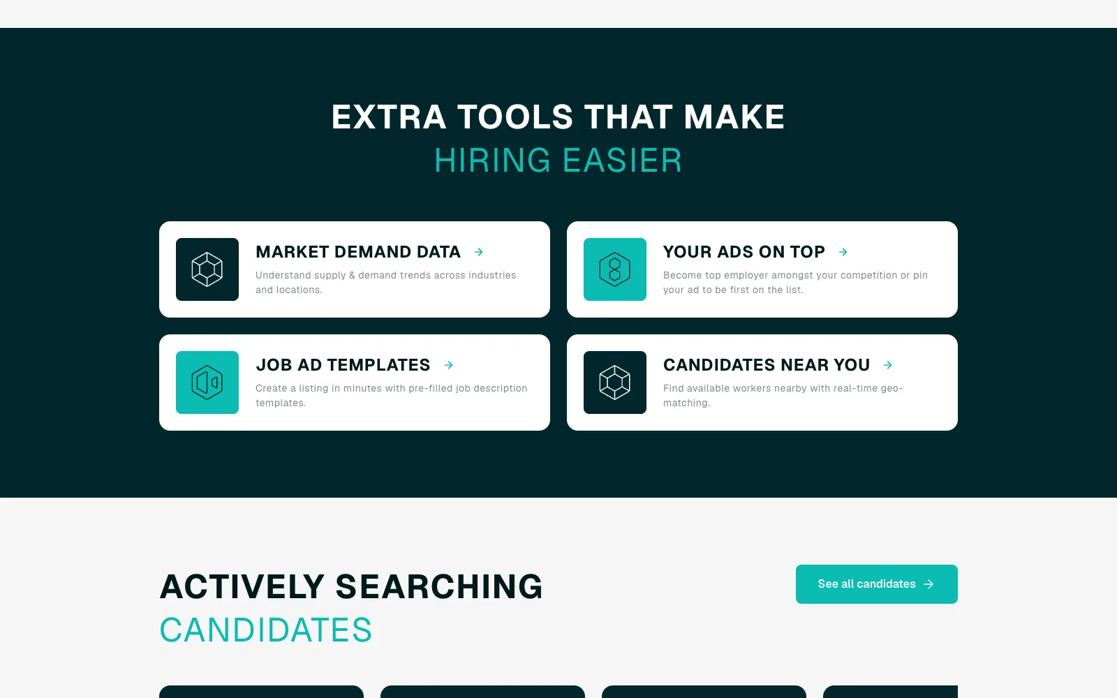 Extra employer tools: market demand data, vacancy promotion, vacancy templates and nearby candidates.