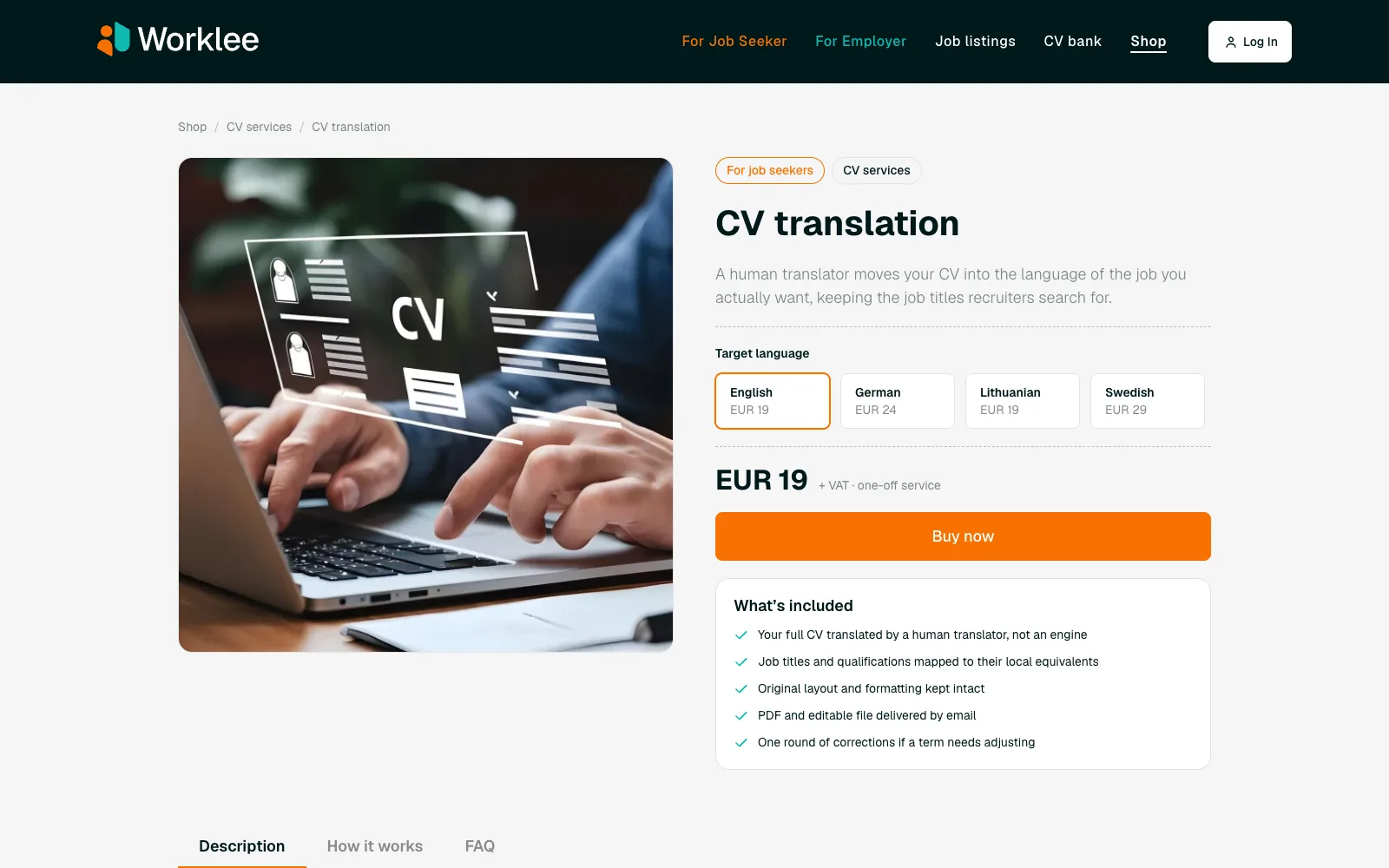 CV translation order: the price depends on the chosen language, with what the service includes alongside.