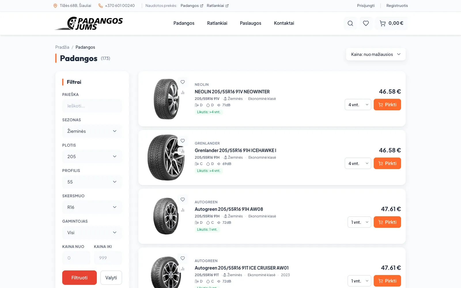 Tyres in size 205/55 R16: filters on the left, EU label data, stock and quantity picker on every row.