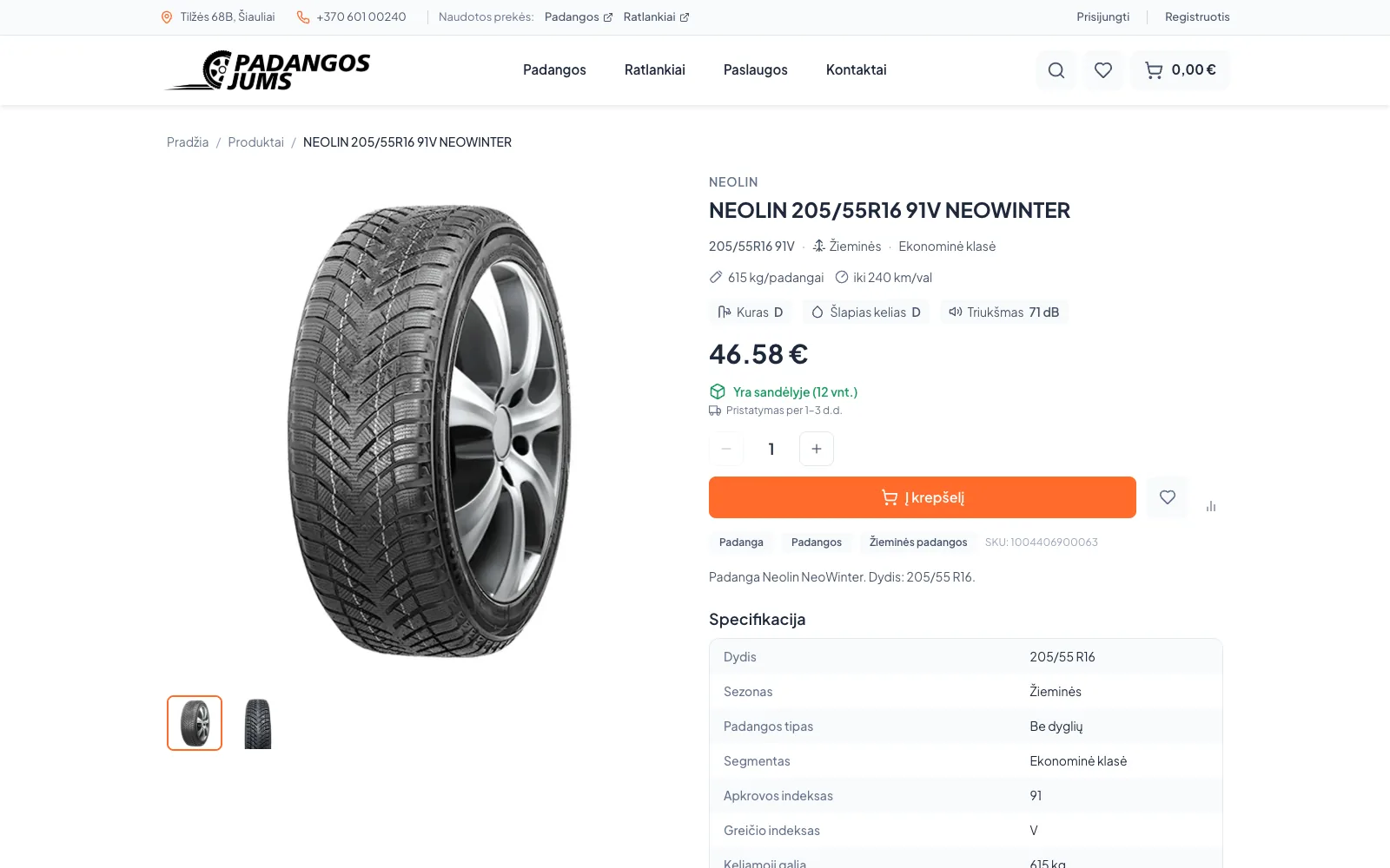 Tyre page: load and speed indices, label data, stock in the warehouse and delivery time.