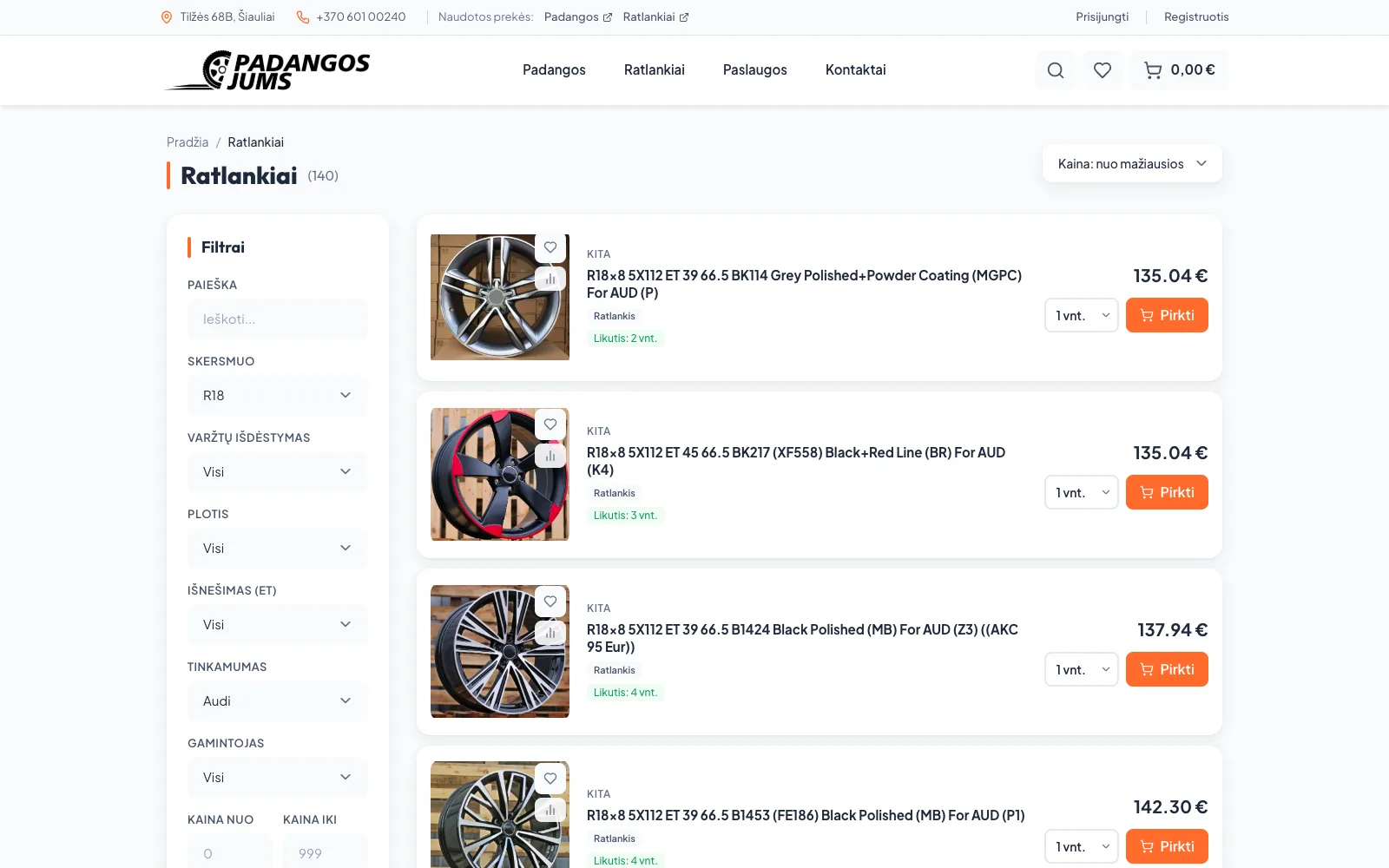 Wheel list with its own filters: diameter, bolt pattern, width, ET offset and vehicle fit.