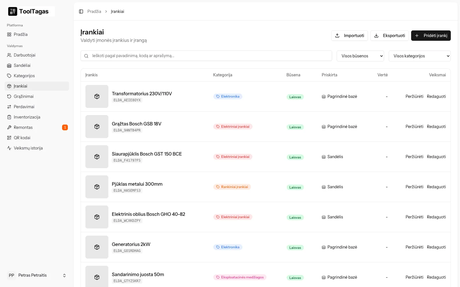 Tool list with QR code, category, status and location: the warehouse or a specific worker.
