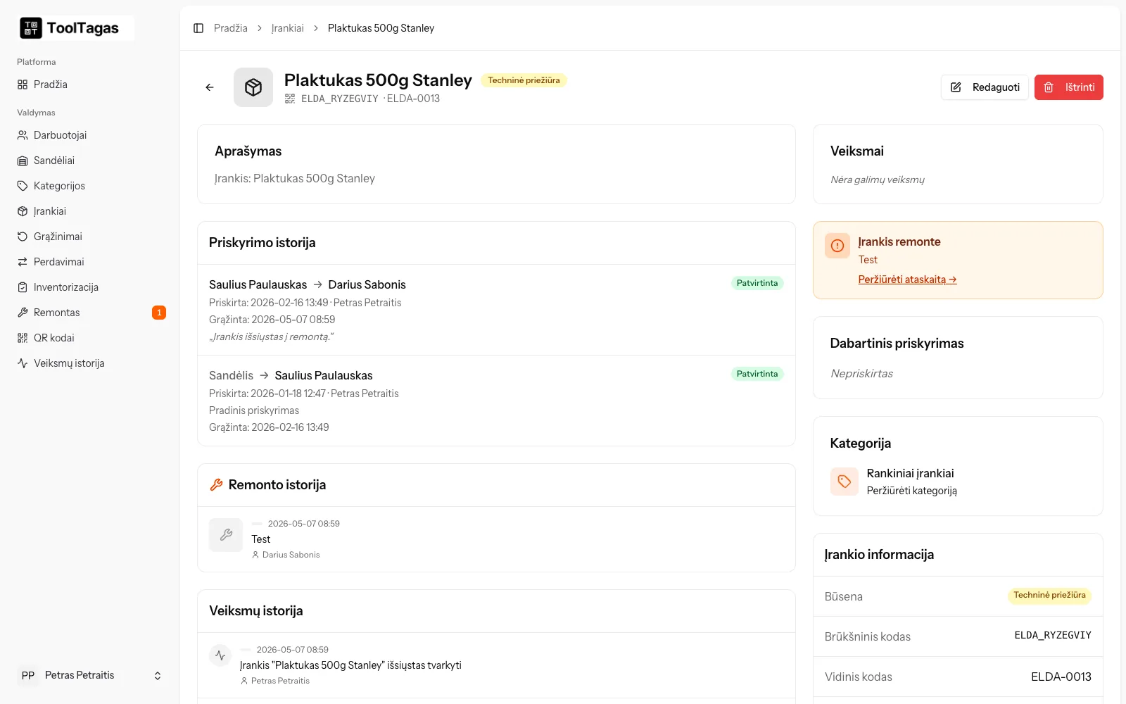 Tool page: chain of assignments with dates and approvals, plus repair and activity history.