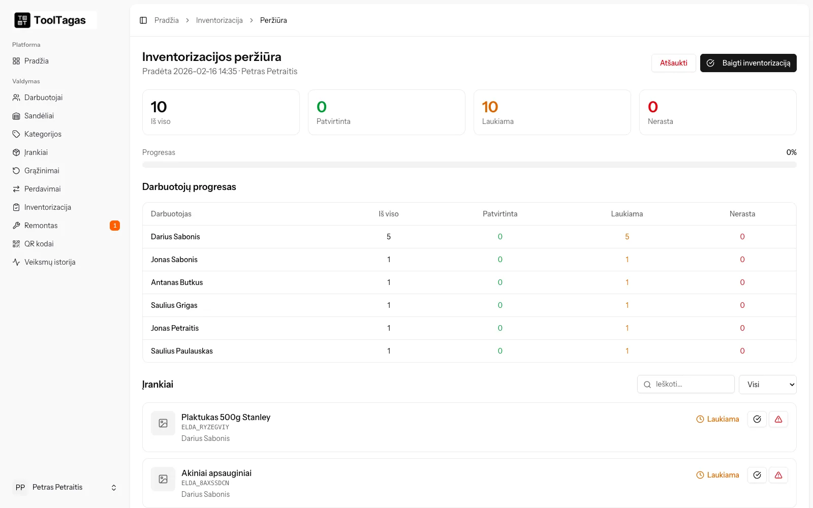 Inventory check: how many tools are confirmed, pending and not found for each worker.