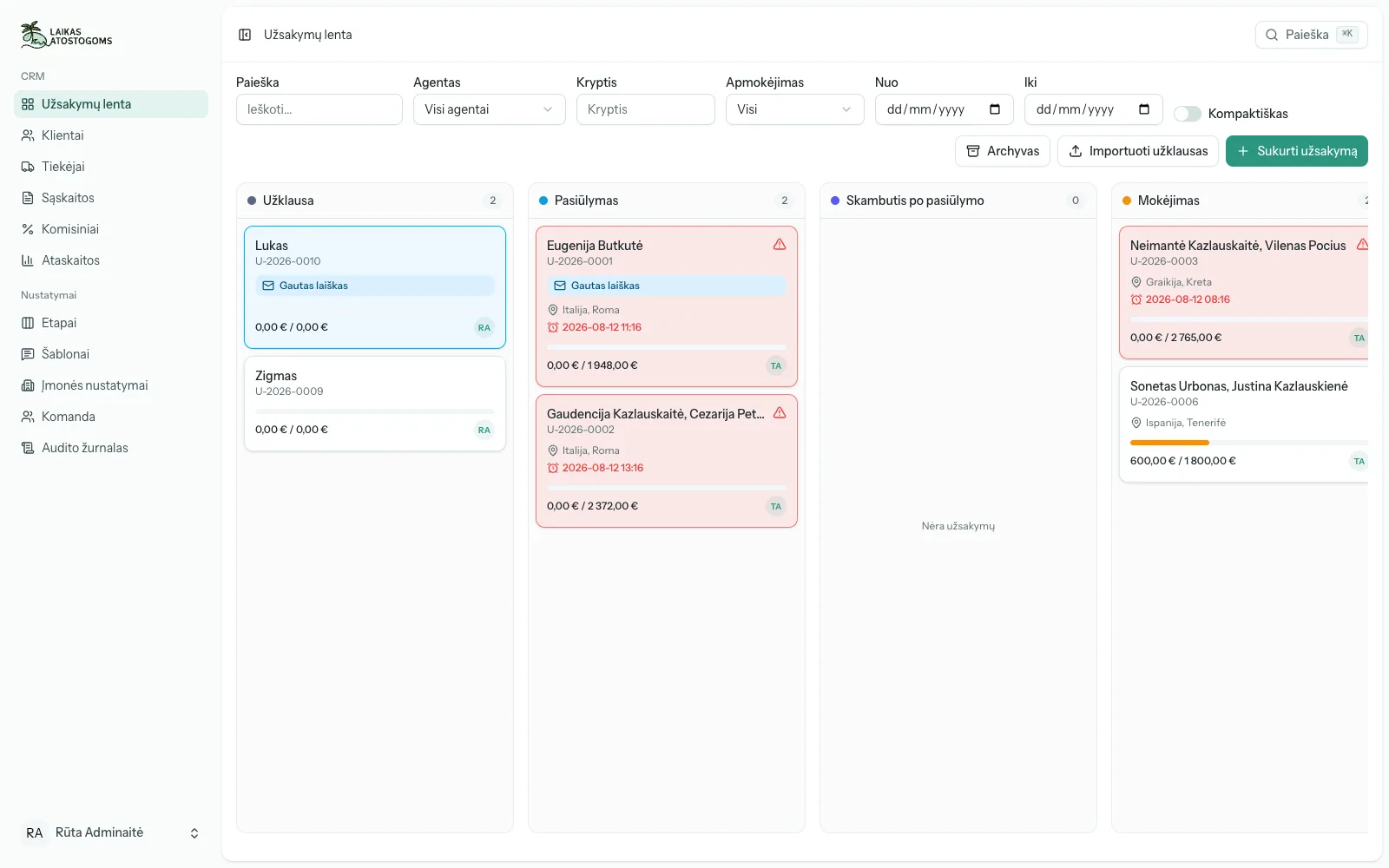 Booking board: every stage from enquiry to payment, with overdue bookings flagged by colour and deadline.