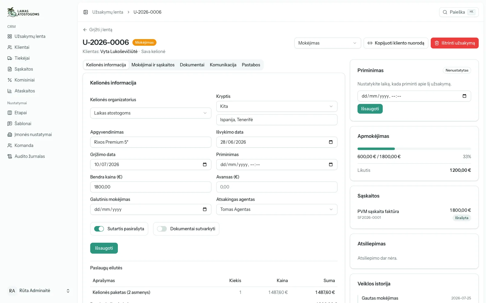 Booking record: trip details, payment progress, invoices, reminder and activity history in one place.