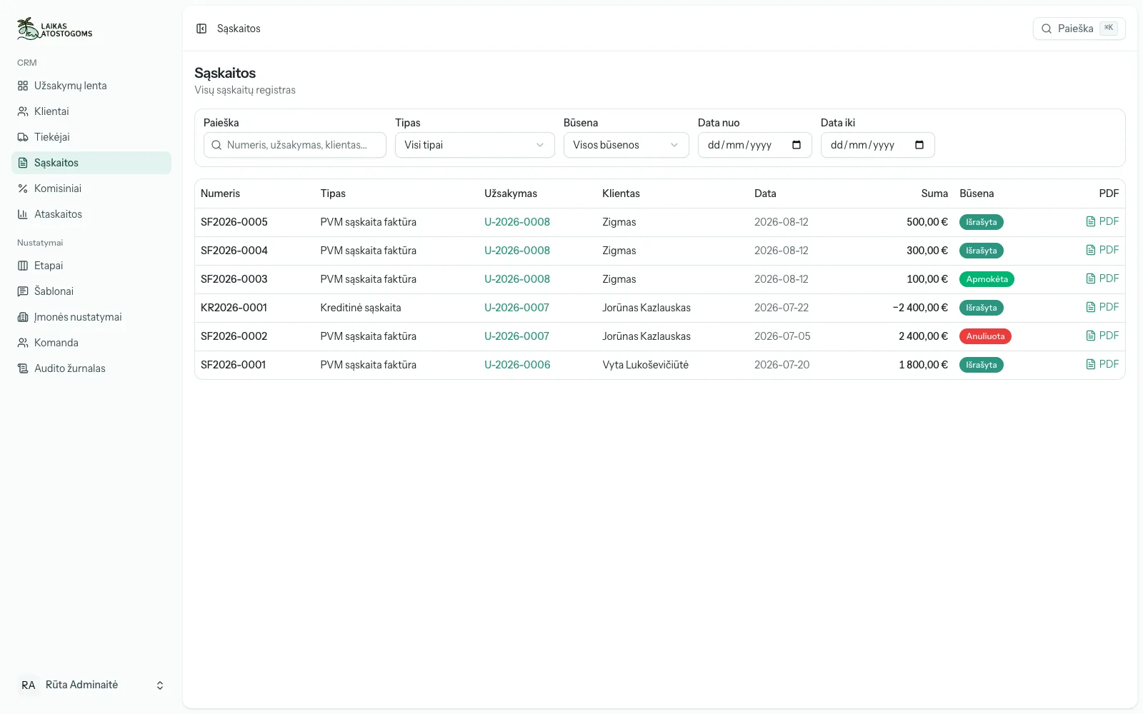 Invoice register: VAT invoices and credit notes with status and PDF, generated from bookings.
