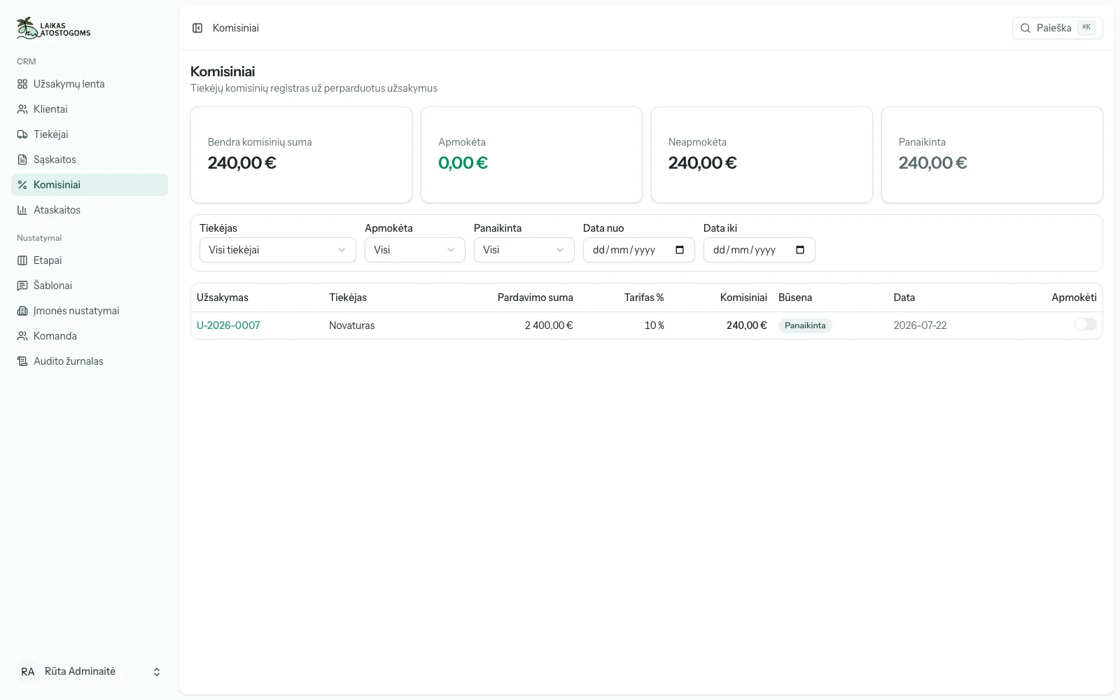 Supplier commissions on resold bookings: sale amount, rate and payment status.