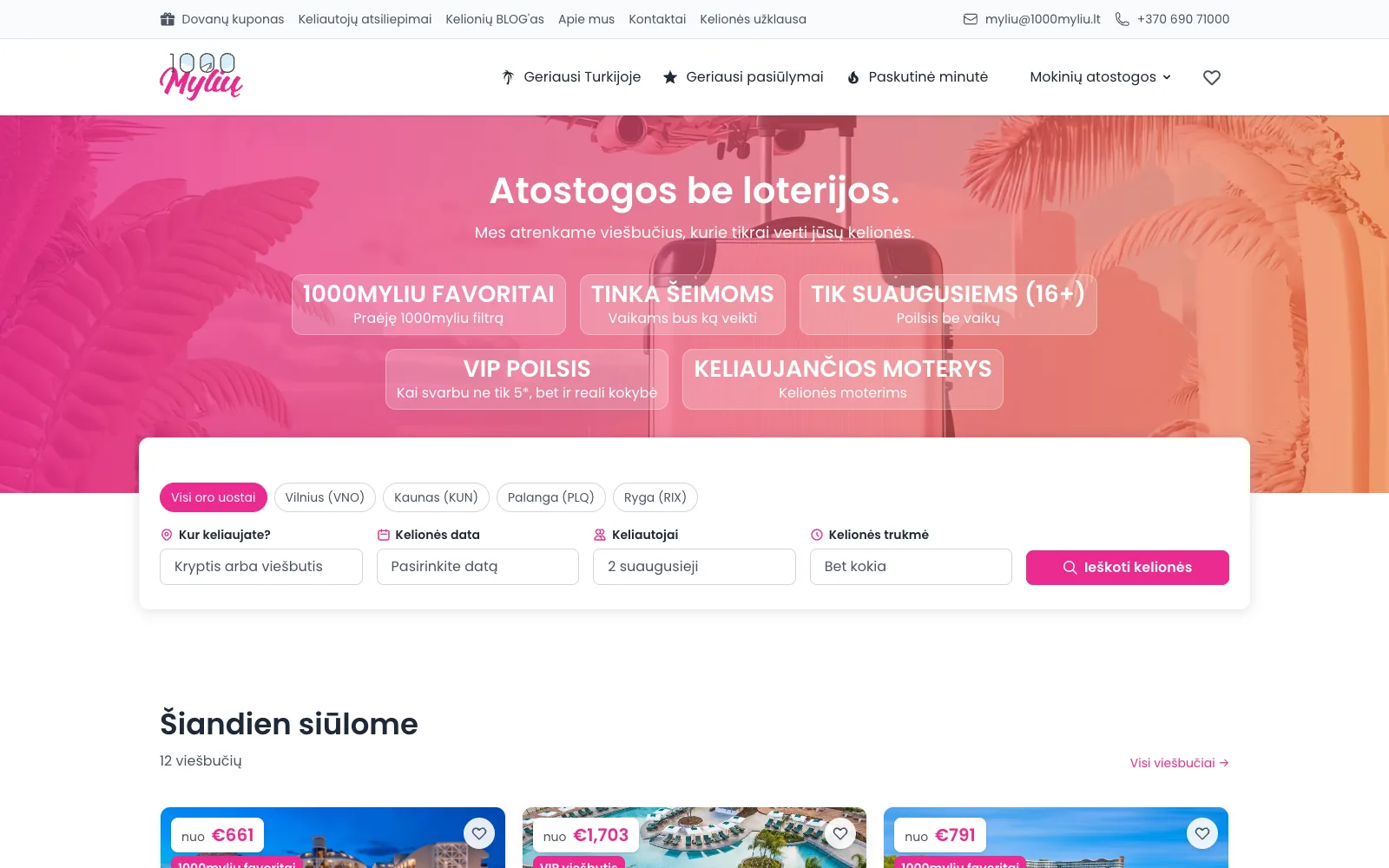 Home screen with themed selections and search by airport, destination, date, travellers and duration.