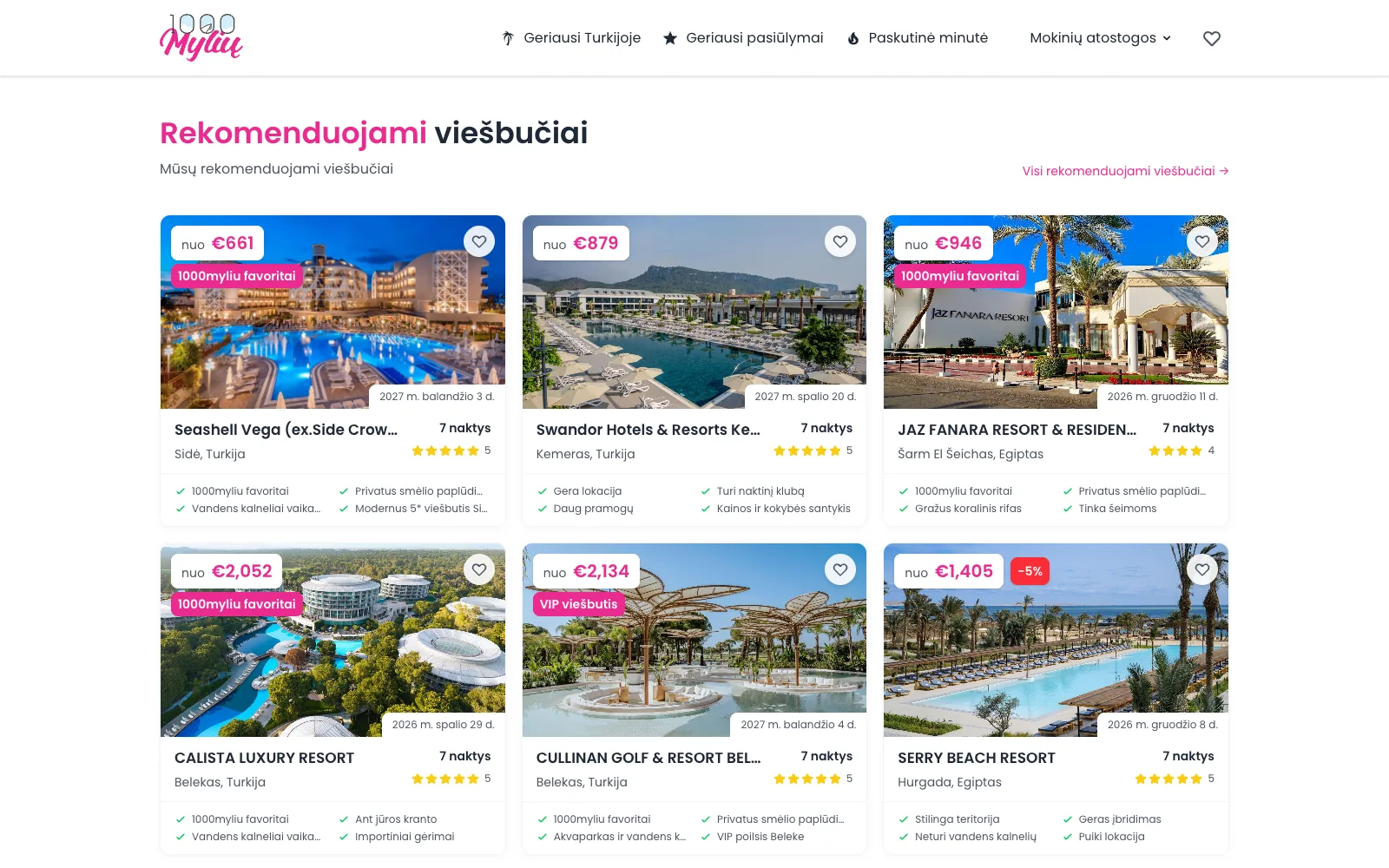 Recommended hotels with a "from" price, next date, agency tags and short pros on each card.