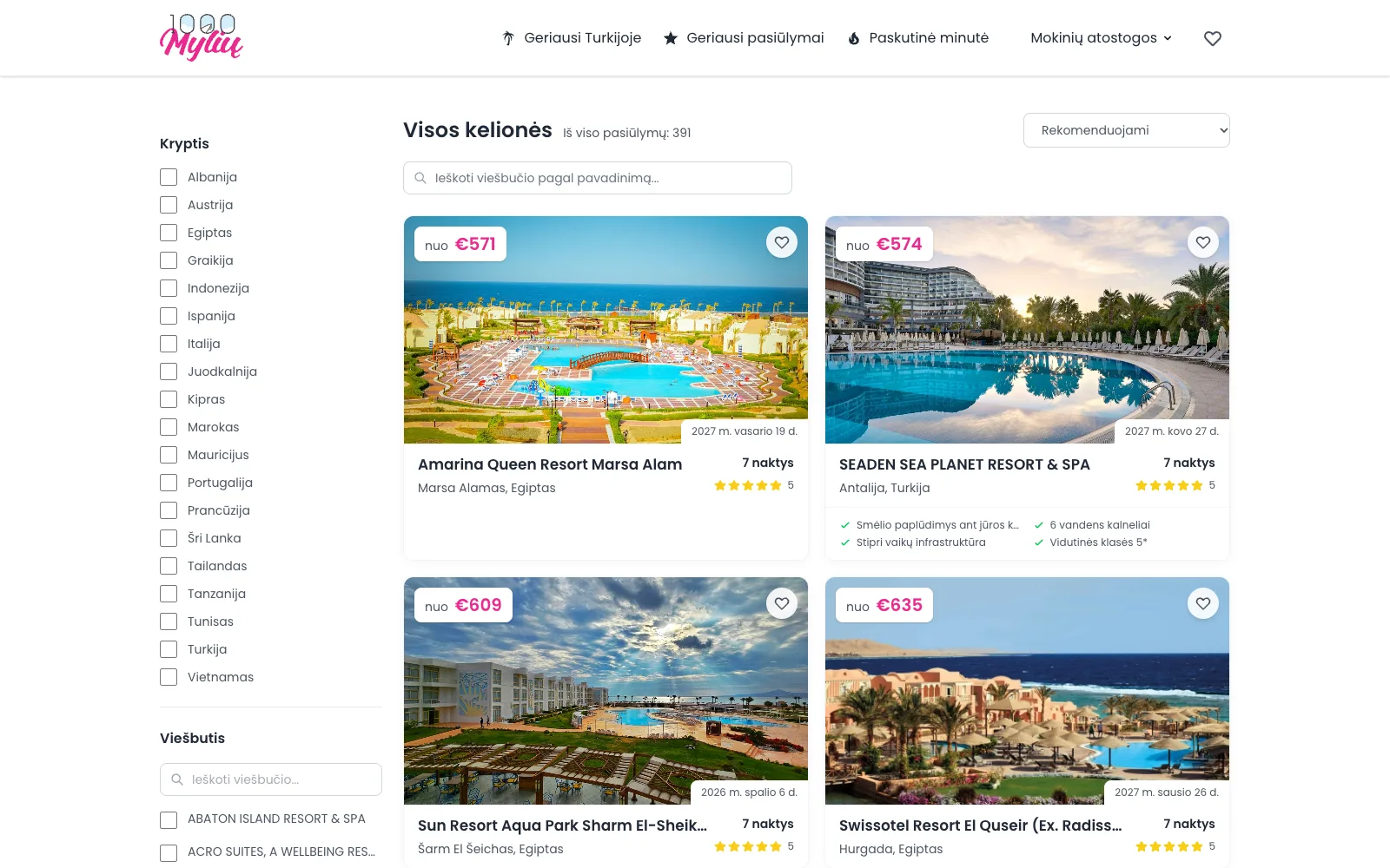 All holidays: 391 offers, with filters by country and hotel, and sorting.
