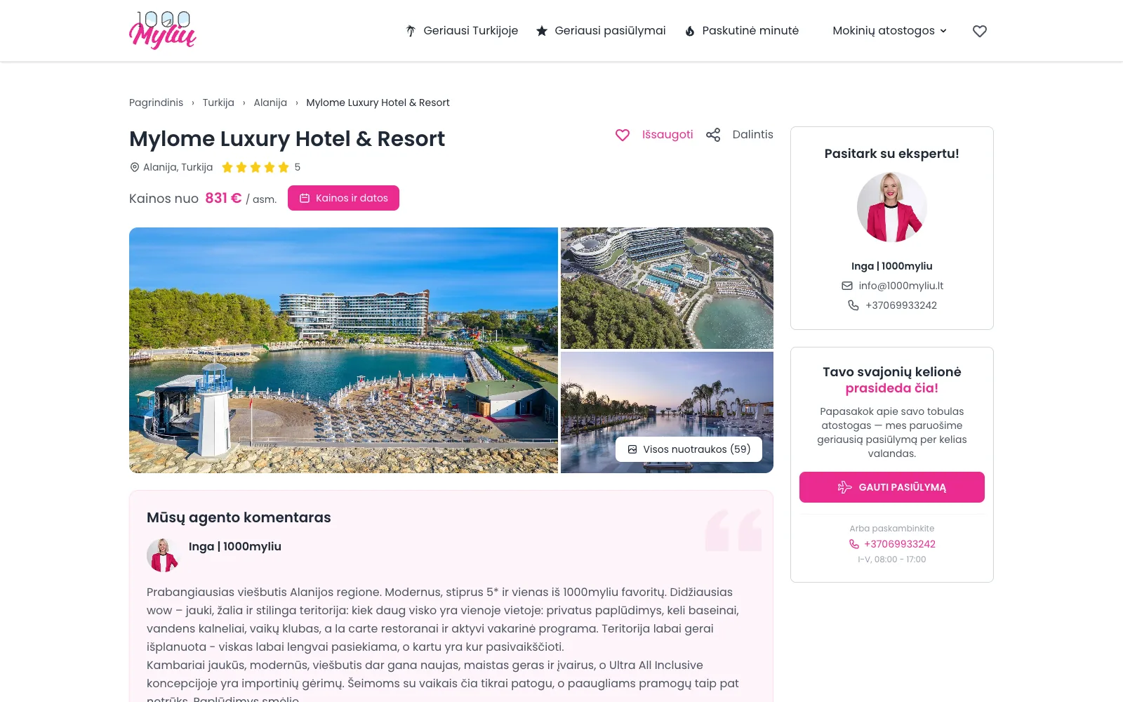 Hotel page with price per person, photos, the agent's comment and a contact for requesting a quote.
