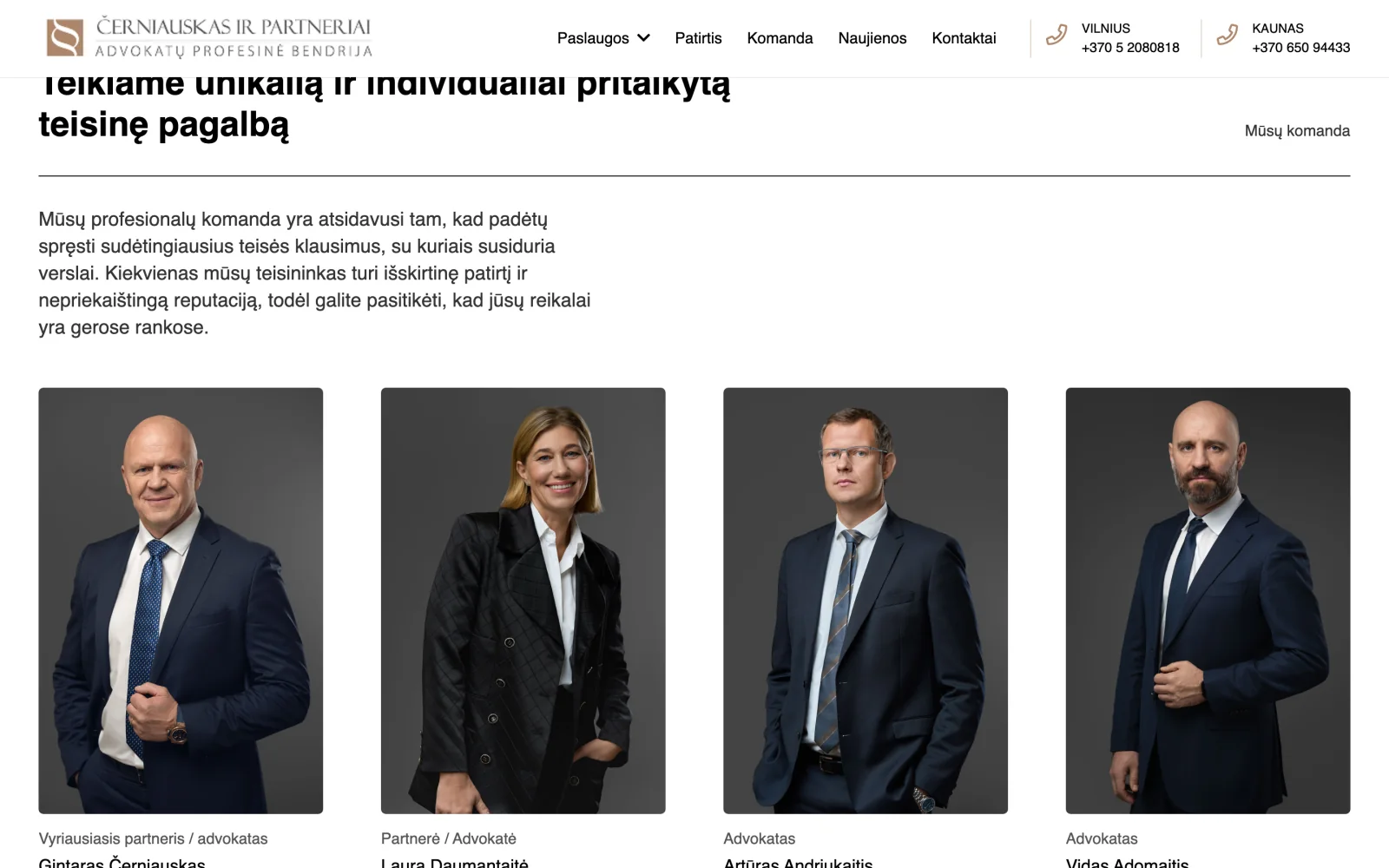 Team section with lawyers' photos and specialisms.