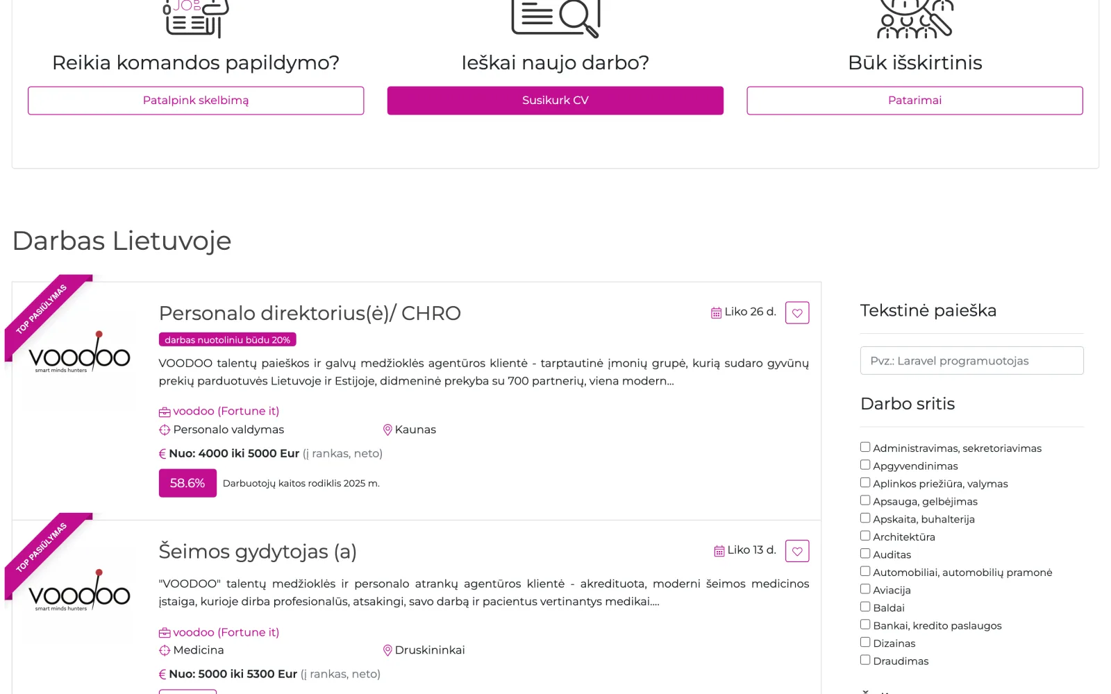 Home page: vacancy list with text search and category filters on the right.