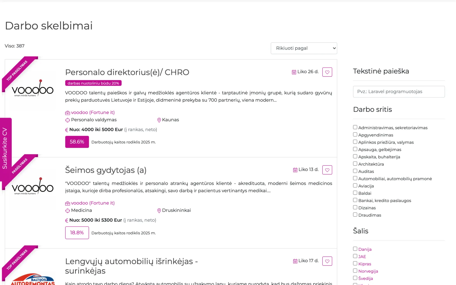 All vacancies in one place, with sorting and the same set of filters.