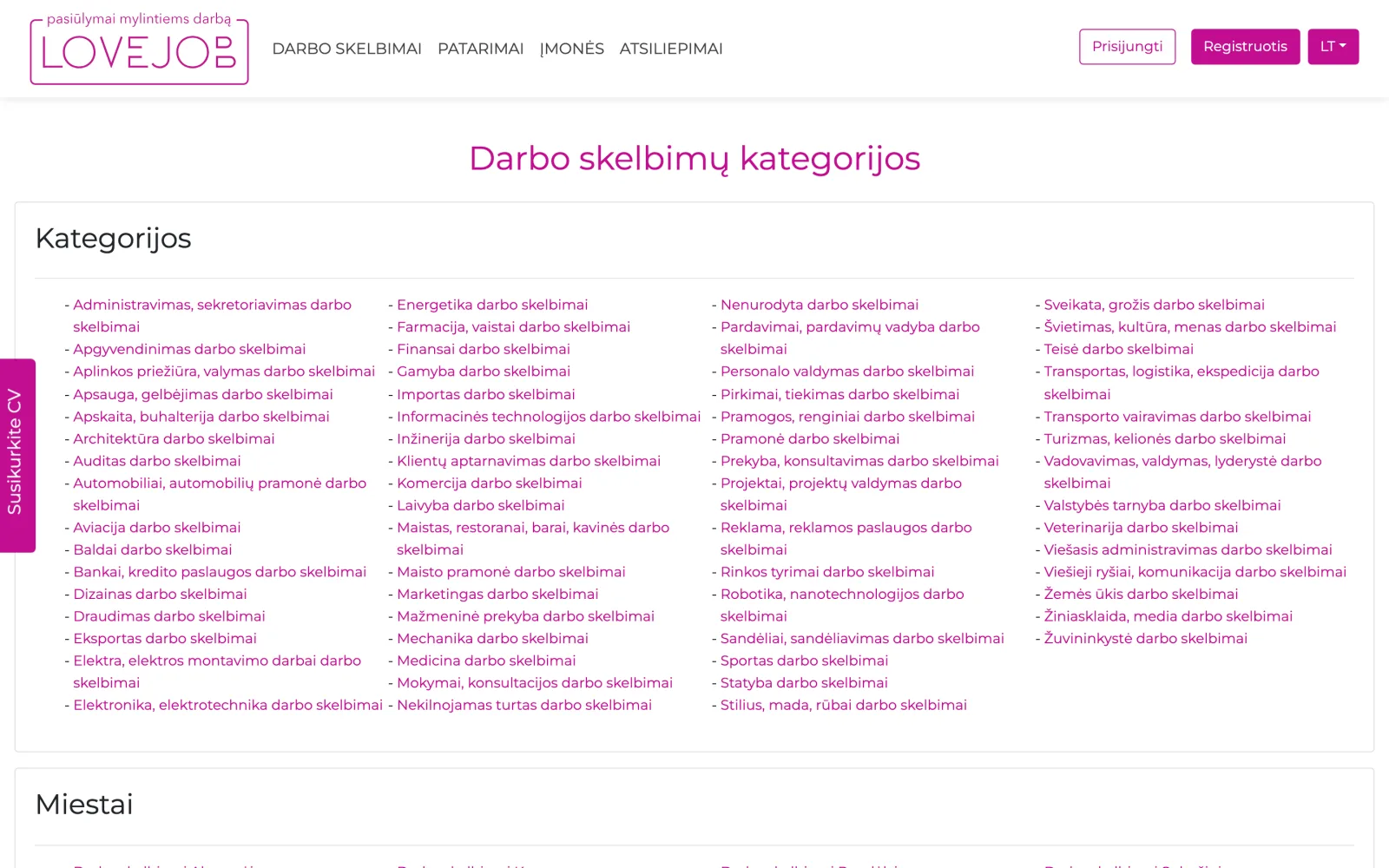 Category page: all positions and cities as separate links for search engines.