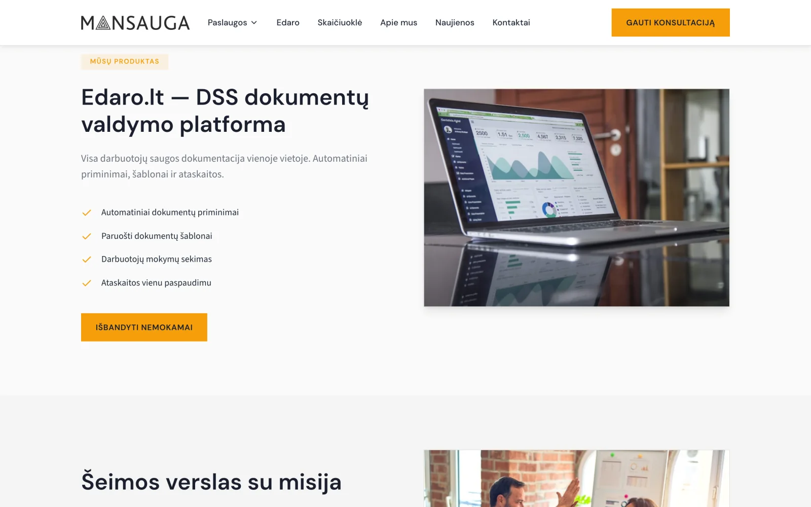 Edaro.lt presented: a document management platform reached through a separate link.
