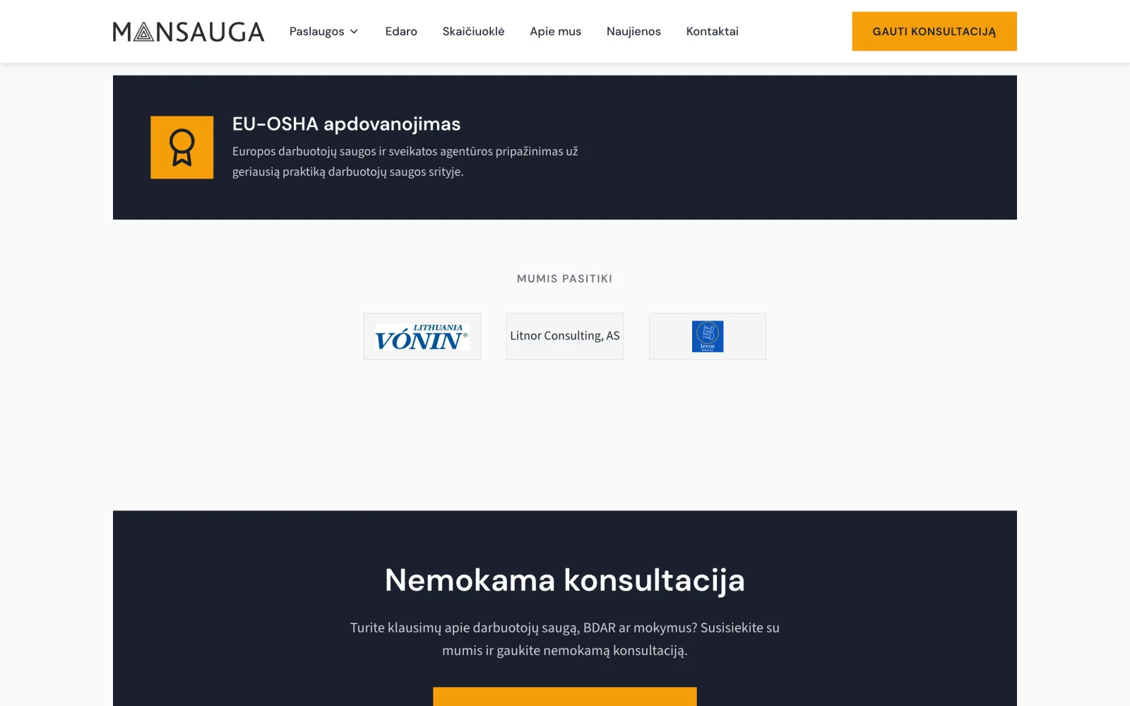 EU-OSHA award block and a free consultation form.