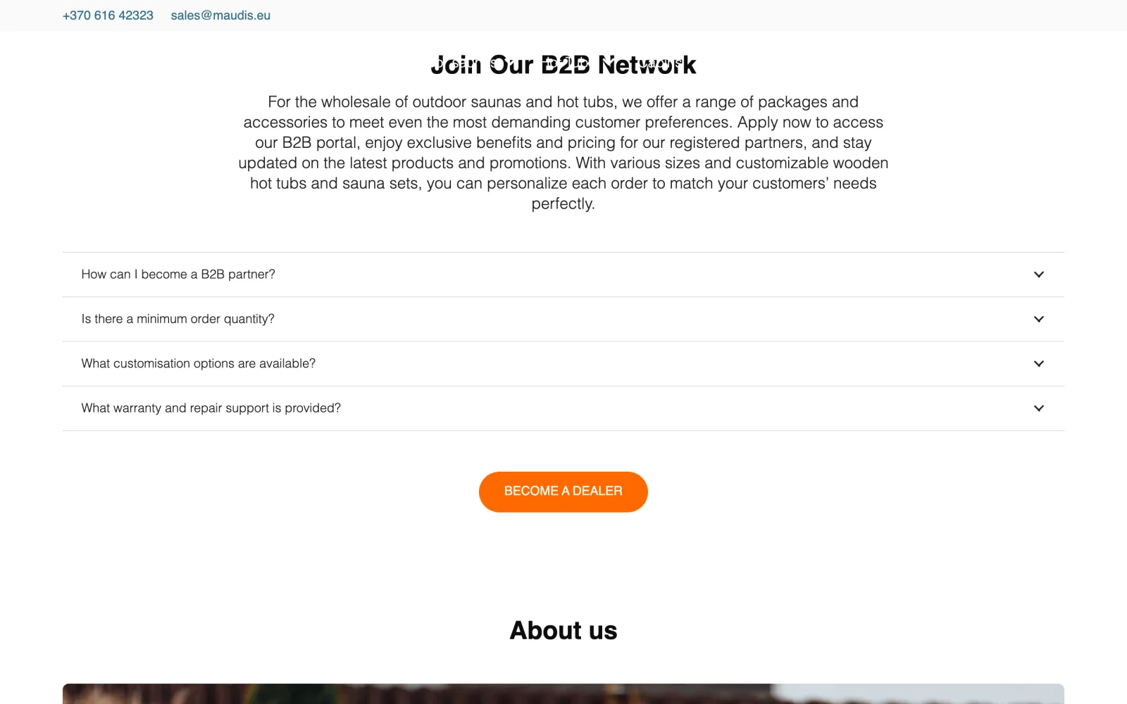 B2B network section with an invitation for partners and information about the company.