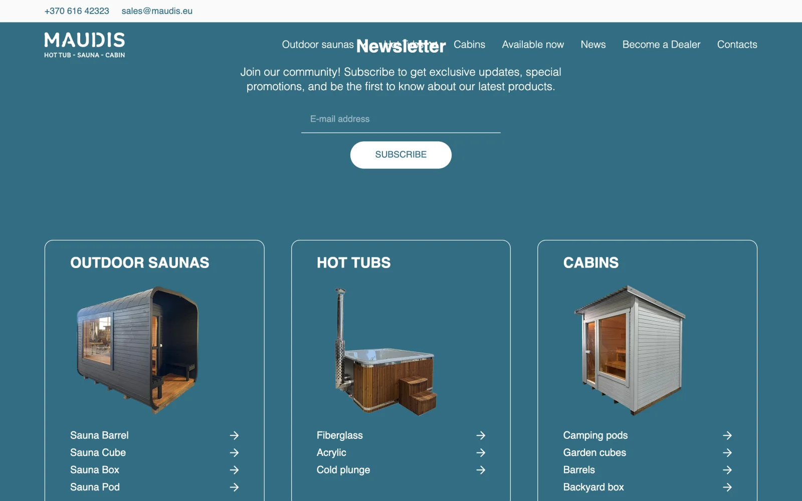 Product categories: outdoor saunas and hot tubs with photos.