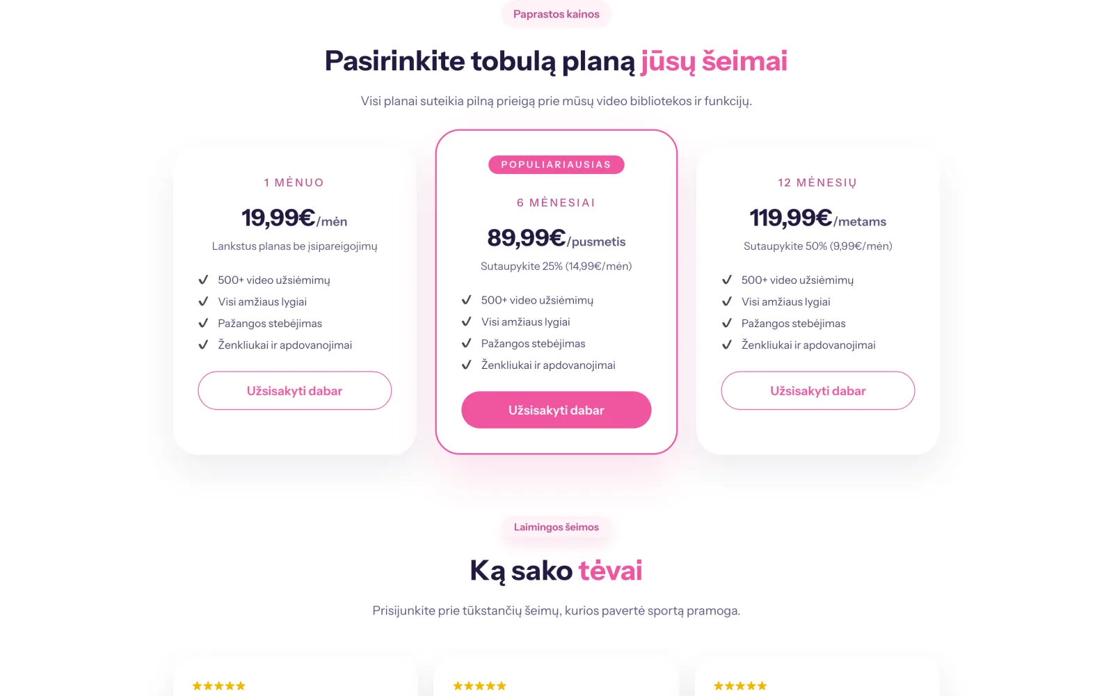 Subscription plans: monthly, six-monthly and annual, each with a different amount of content.