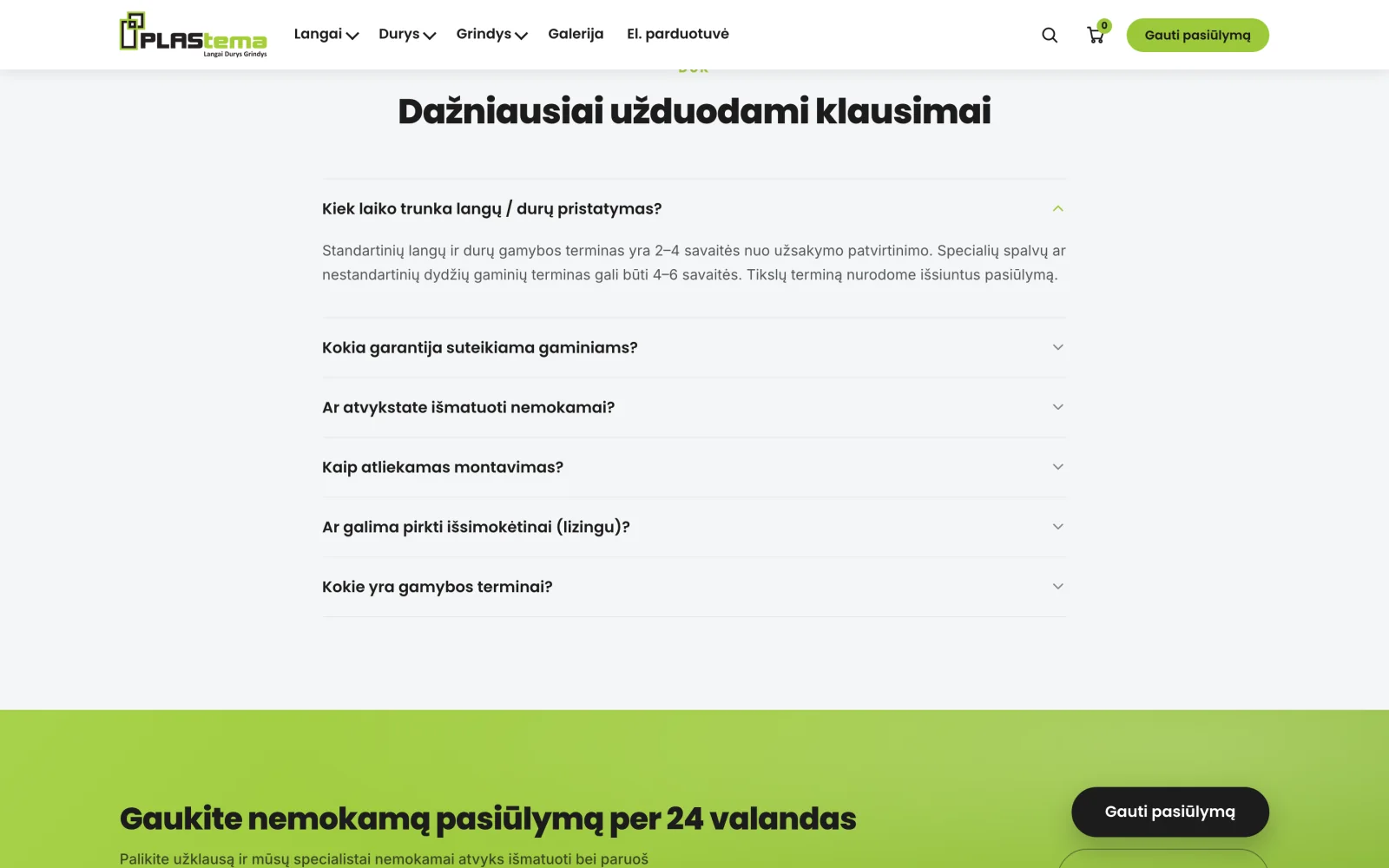FAQ and the quote form with the response time.