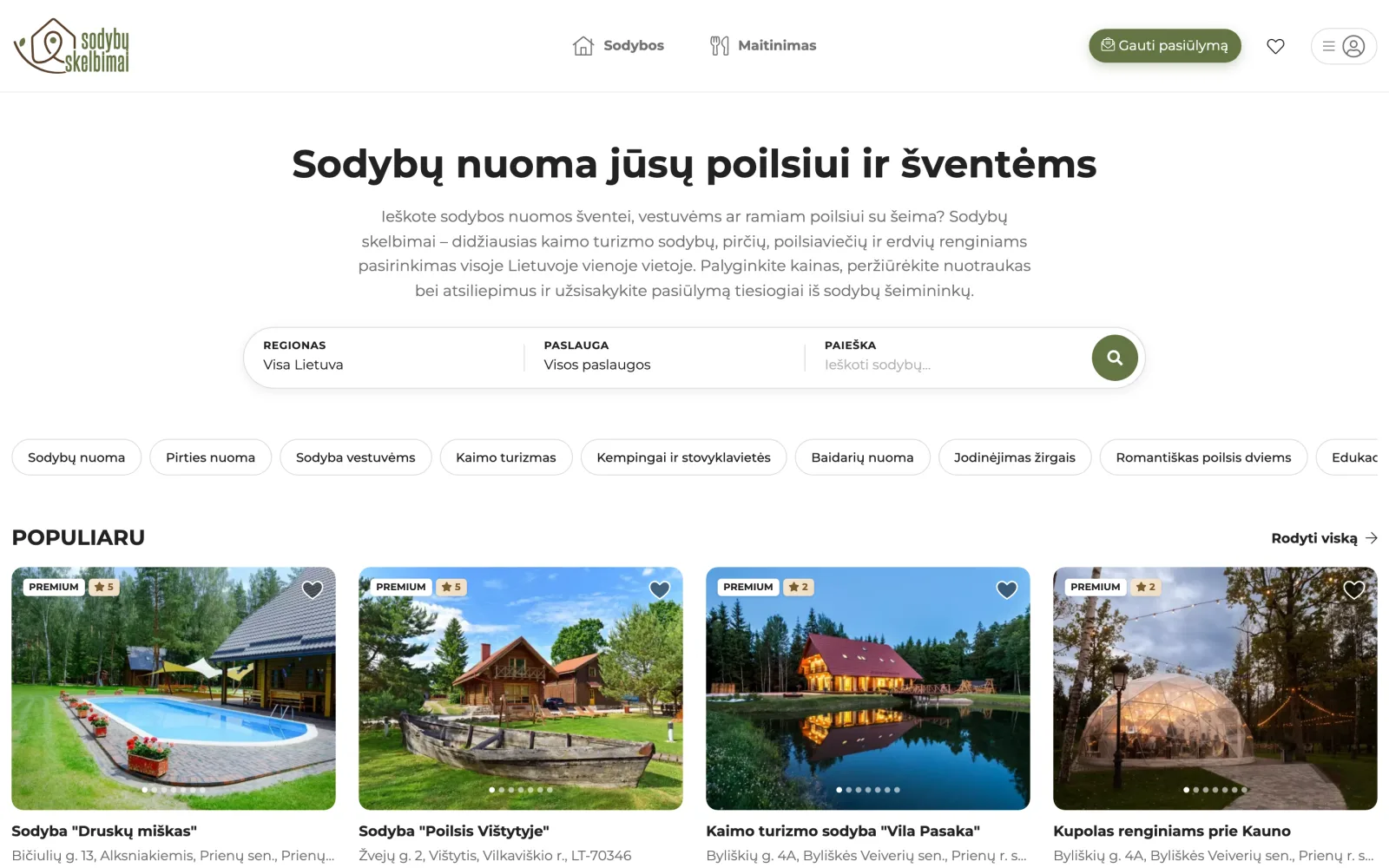 Home page: search by region and service, with a category bar below.