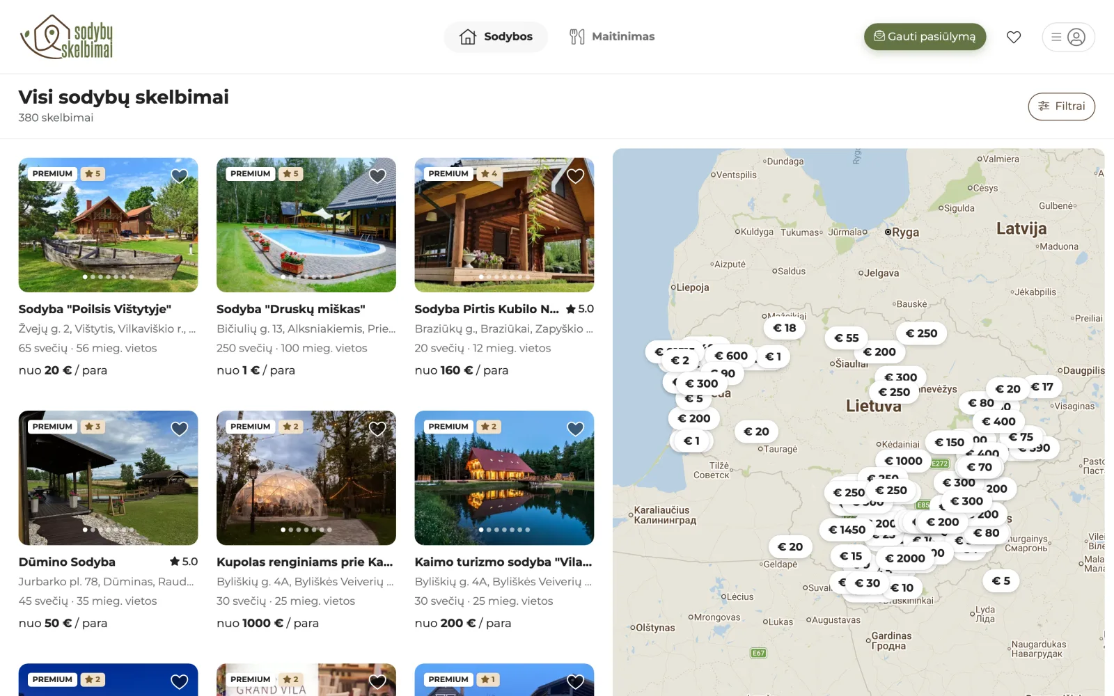 All listings with a map: prices appear on the markers, so regional price levels are visible at once.