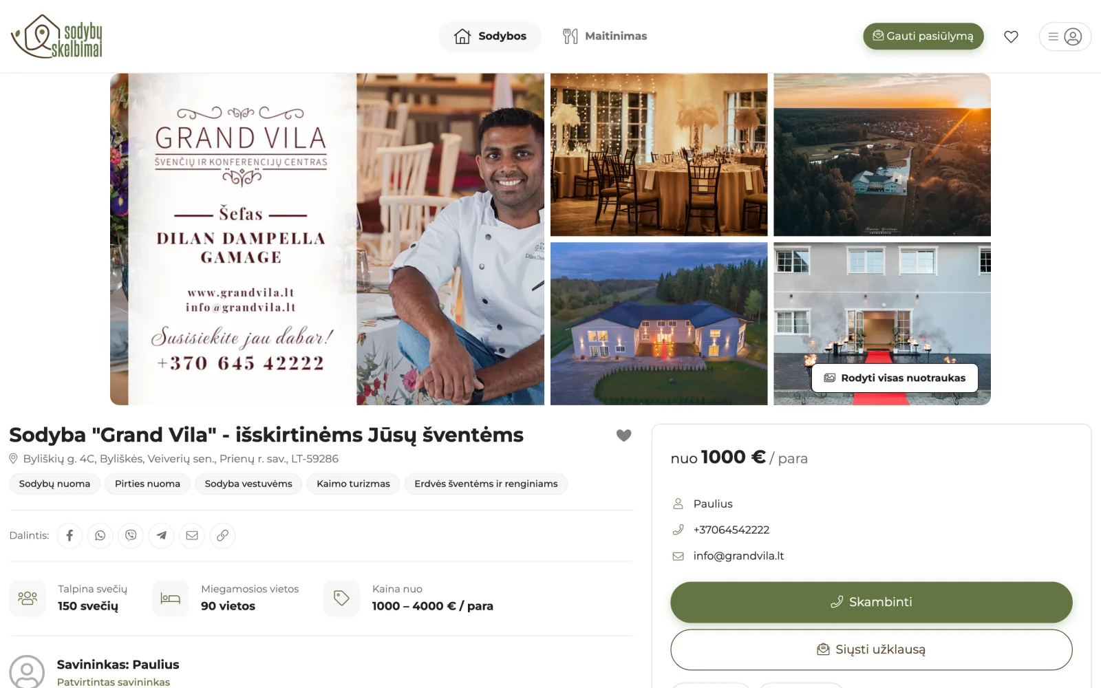 Listing page: photo gallery, owner contact details and capacity information.