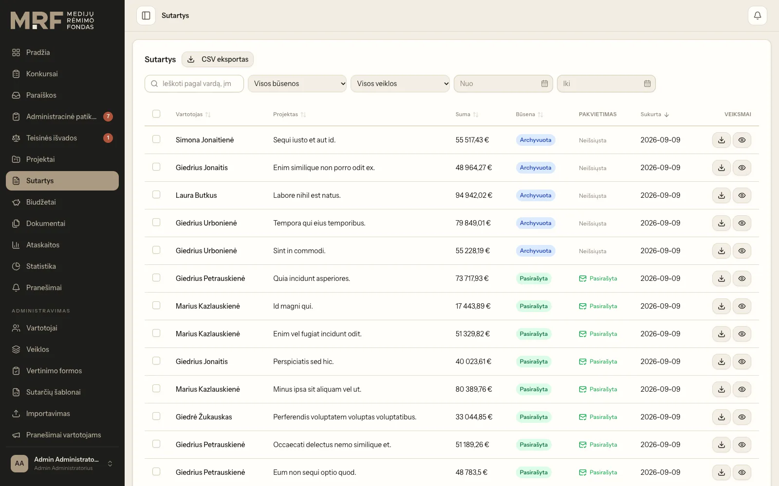 Contract list with status, amount and signing invitation progress, filterable by activity and date.