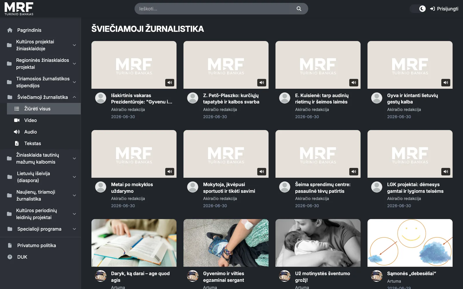 Educational journalism programme: newsroom articles, shows and podcasts in one place, audio entries marked with a badge.
