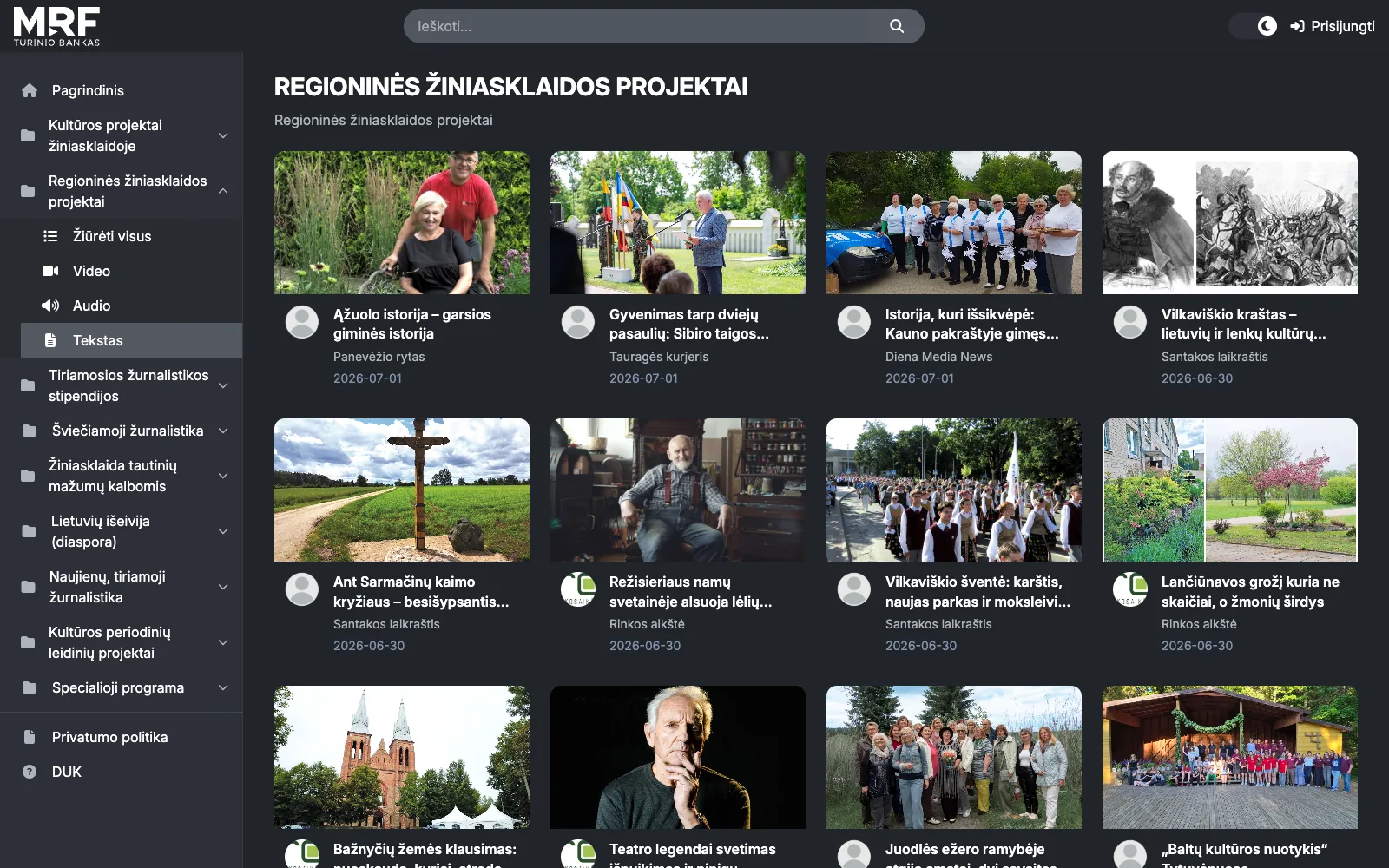 Regional media projects filtered to text articles only, with newsroom name and date.
