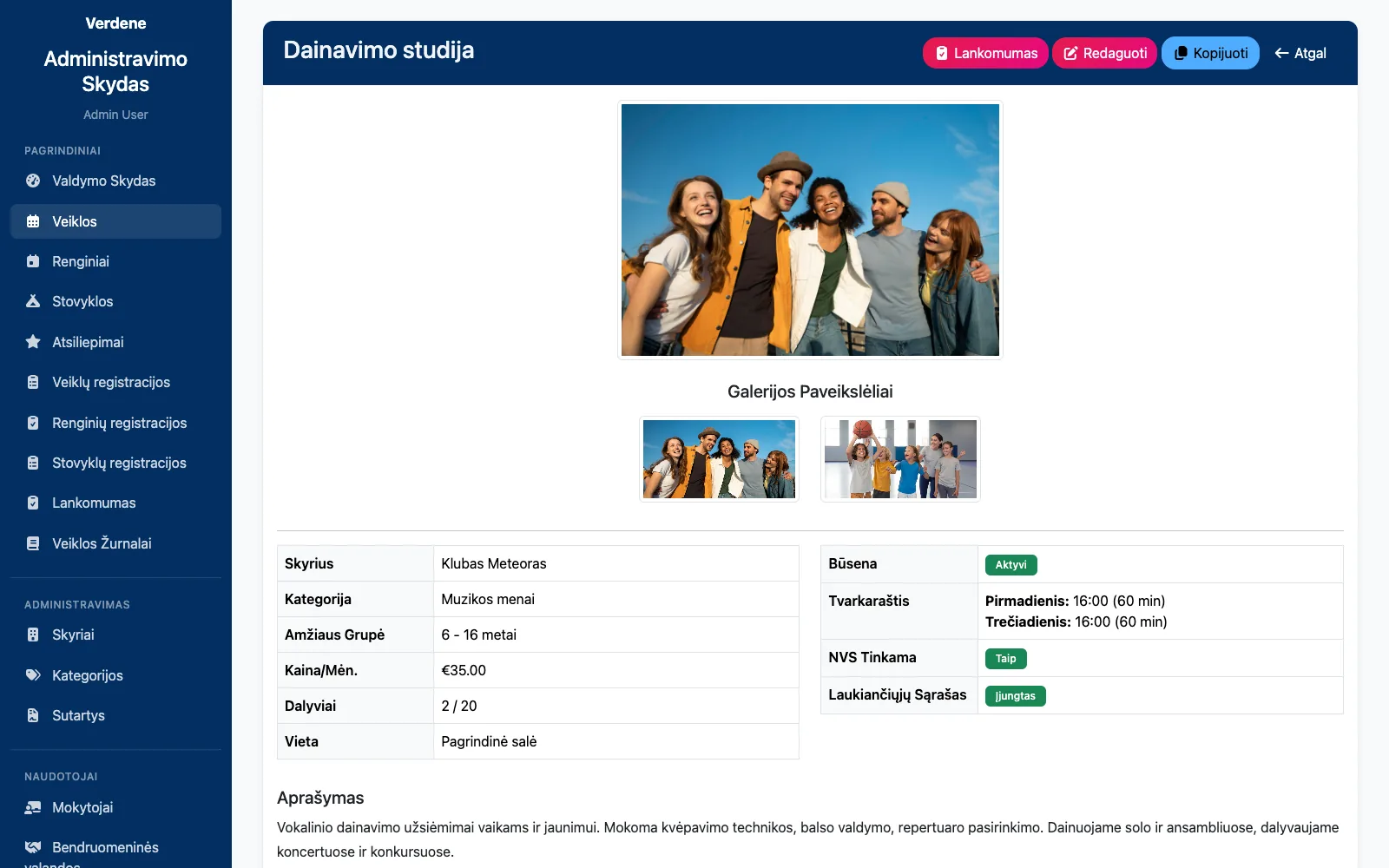 Activity record: photos, timetable, monthly price, NVŠ (state-funded non-formal education) eligibility and waiting list.