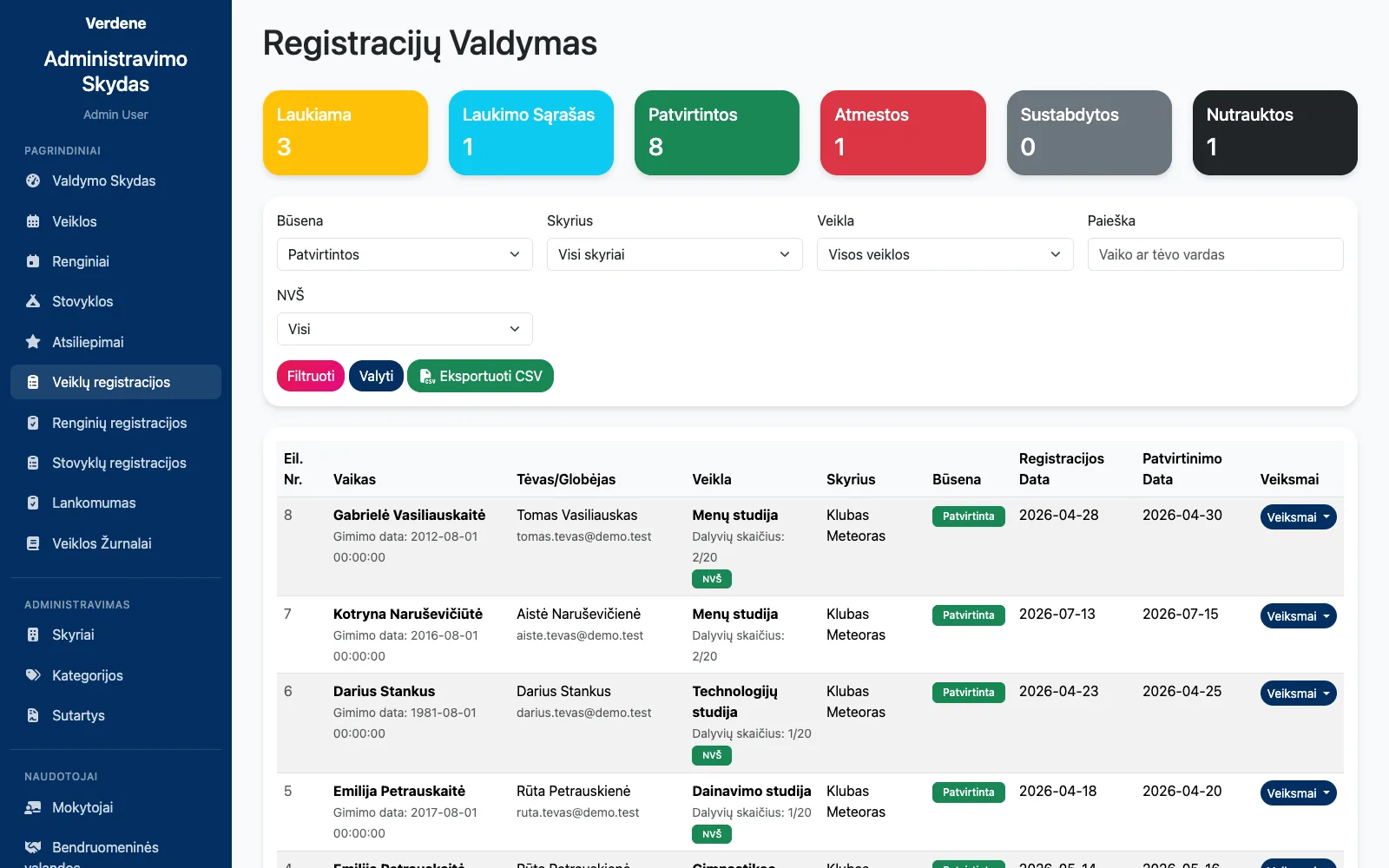 Registration management with statuses from pending to terminated, NVŠ flag and CSV export.