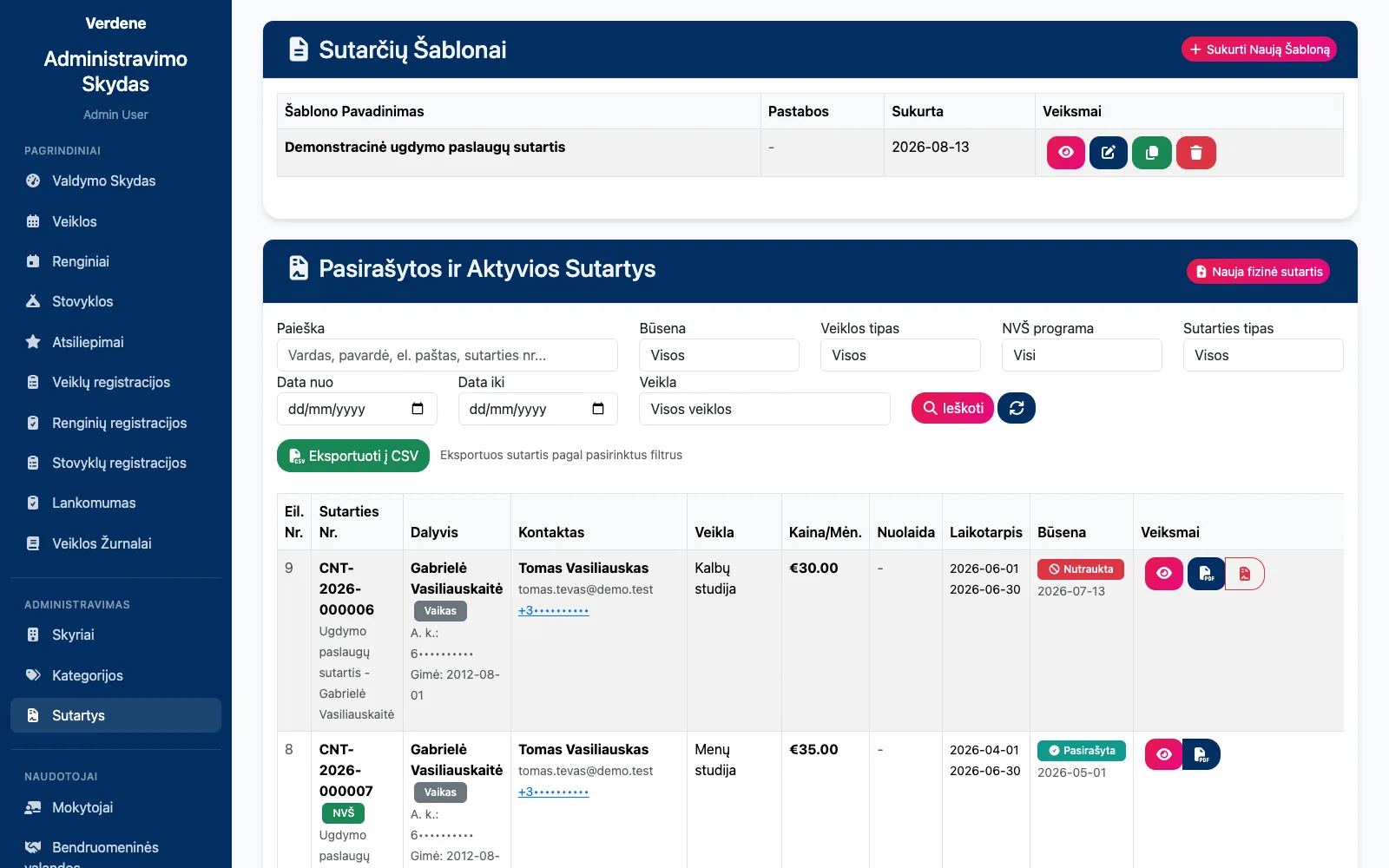 Contract templates and signed contracts with price, period, status and PDF.