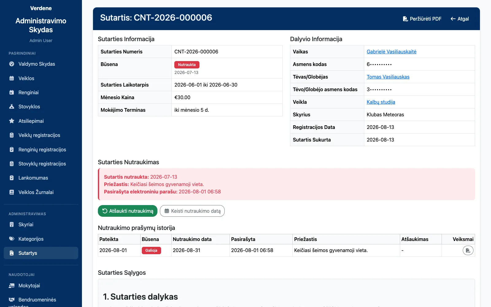 Contract record: participant and guardian details, termination with reason and electronic signature.