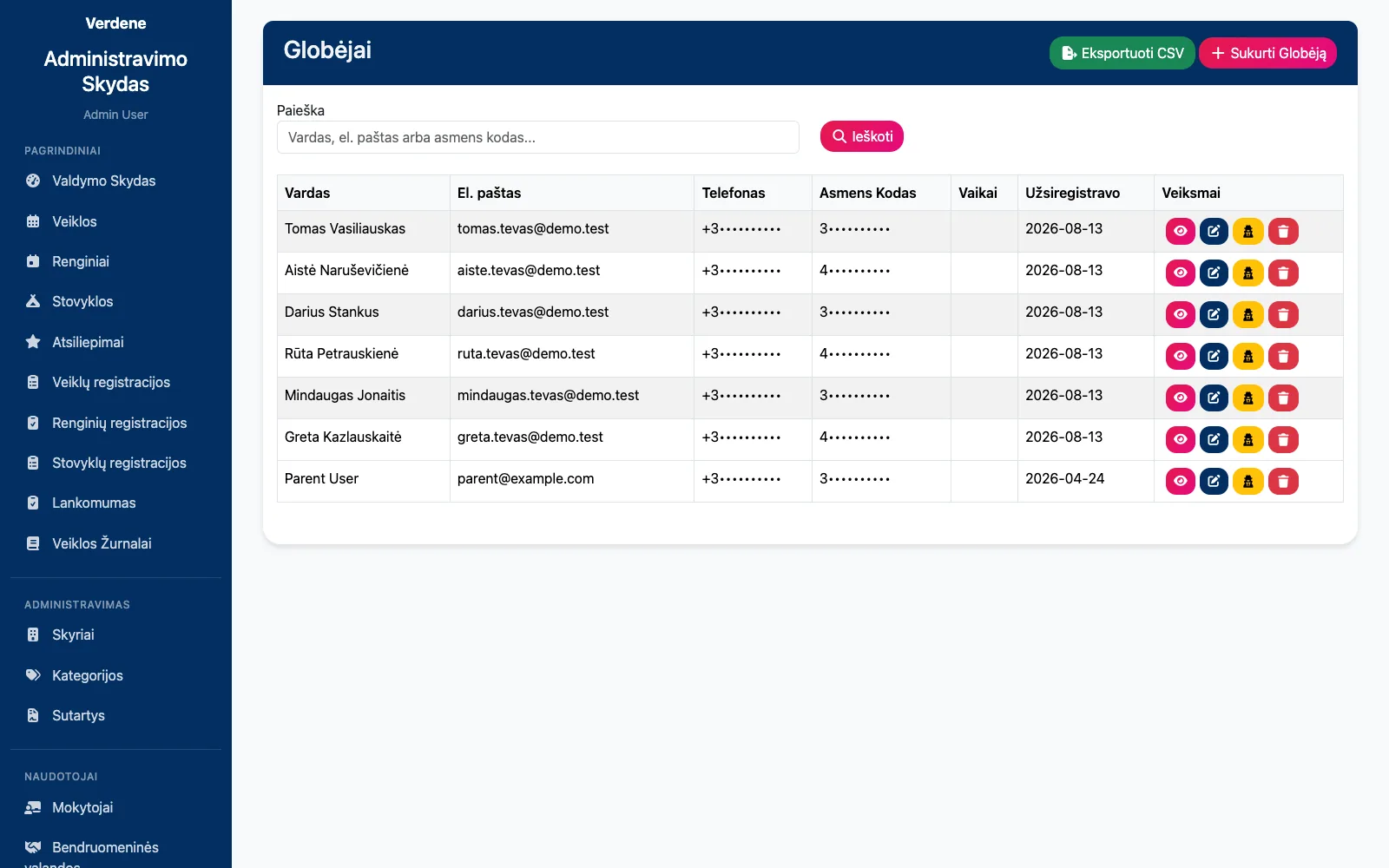 Guardian list with contact details and CSV export.
