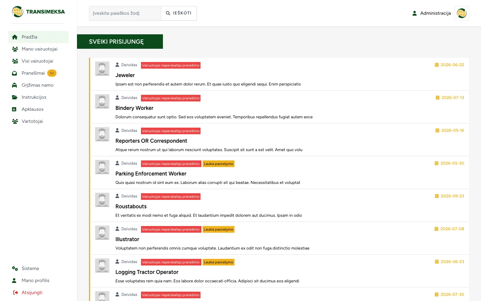 Manager home: latest driver messages, flagged by what is still unread and what awaits signature.