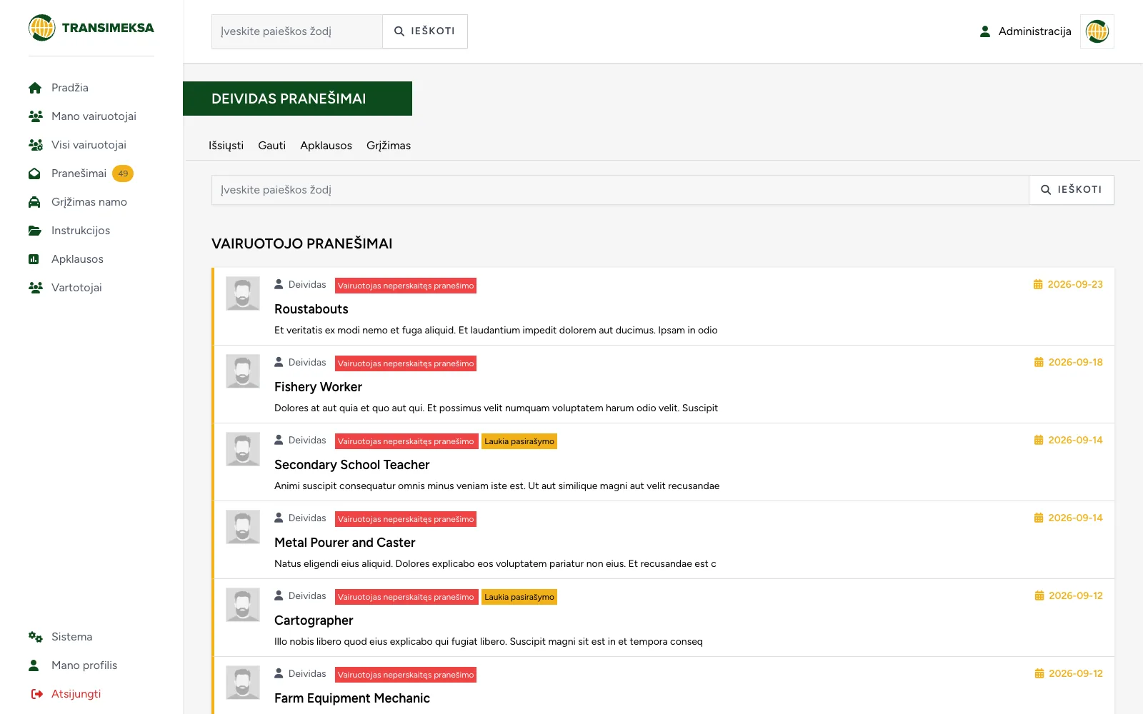 One driver's message history with tabs for sent, received, surveys and requests to return home.