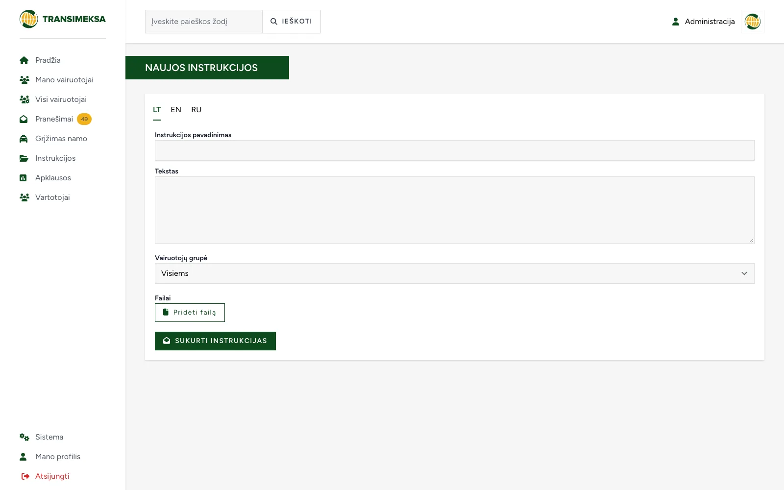 Driver instructions in three languages, with files and assignment to a driver group.