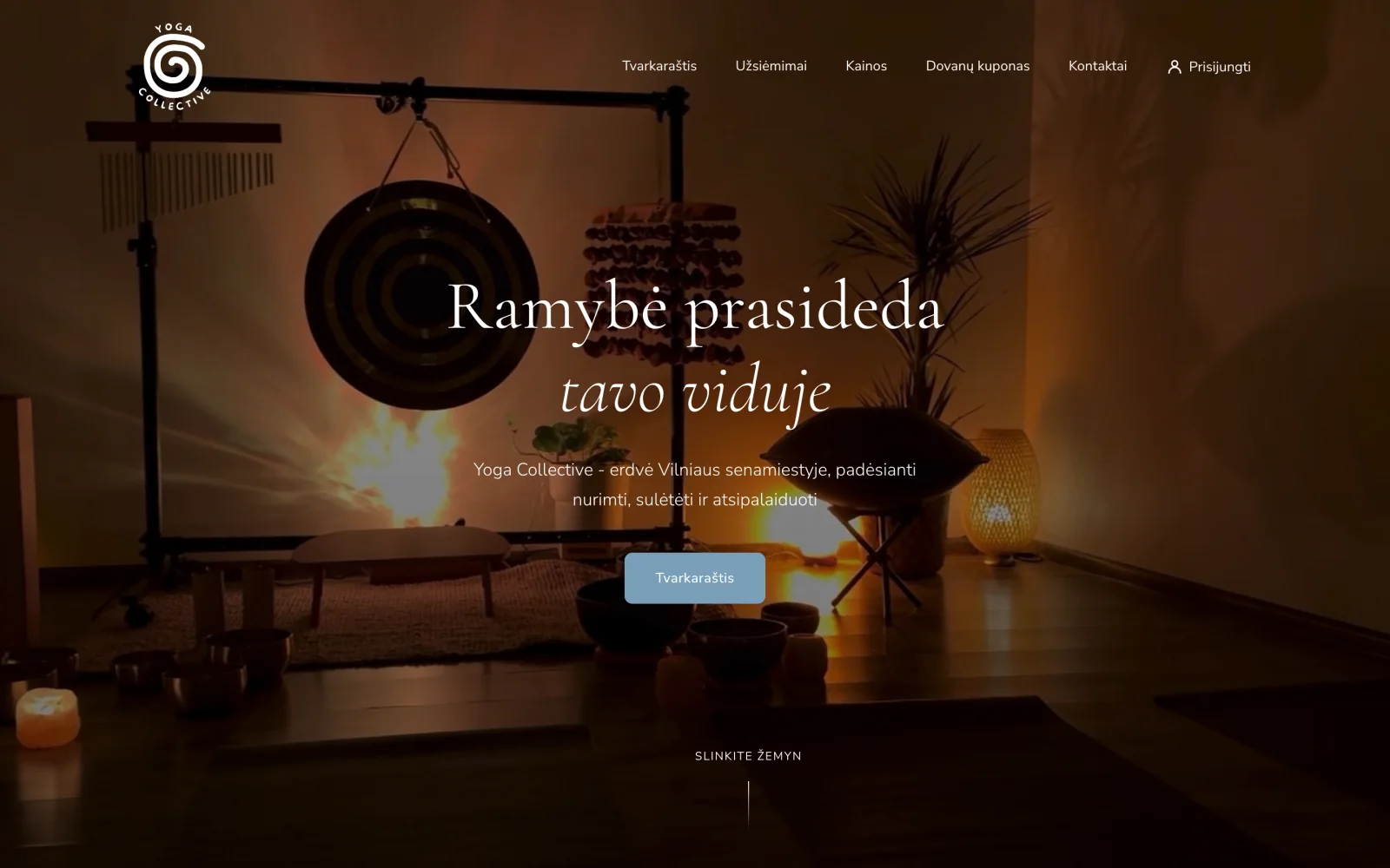 Home screen: a studio video plays in the background, with the key message and a link to the timetable on top.